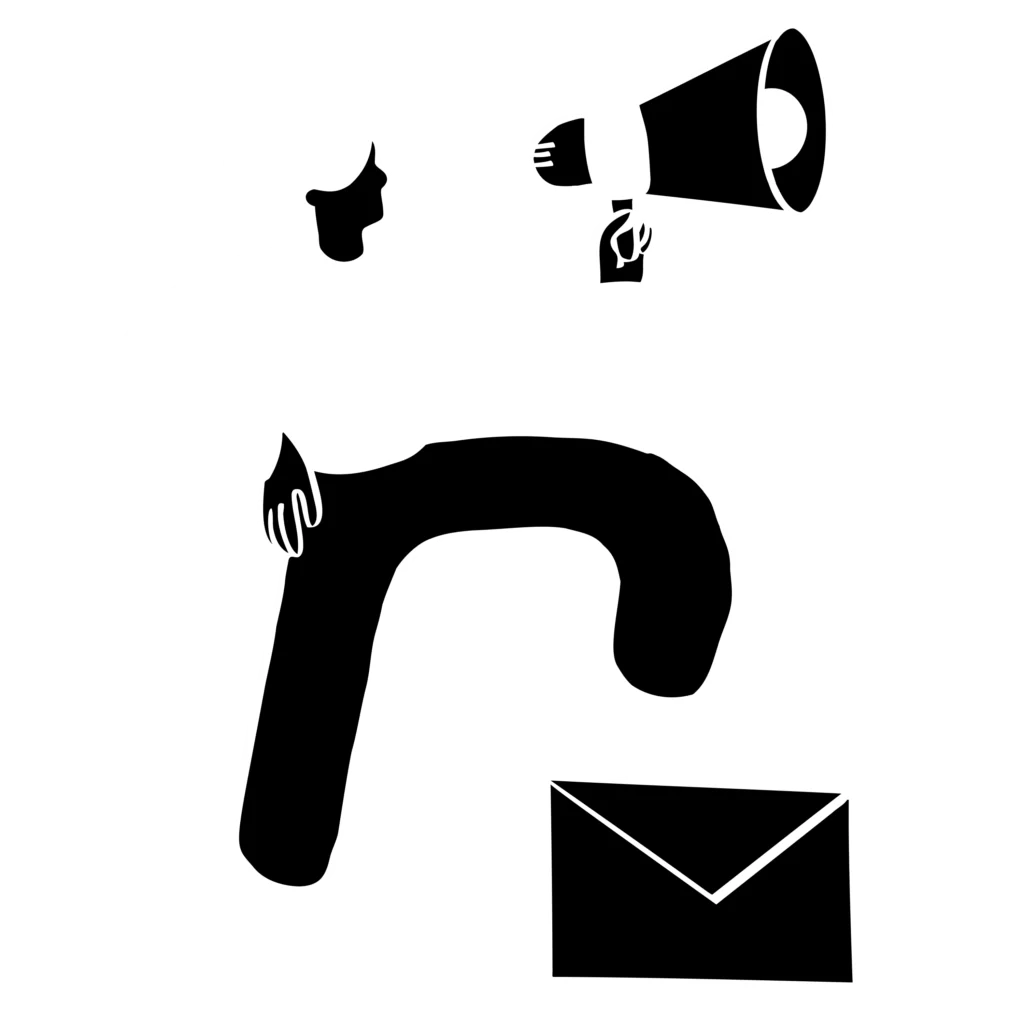 Woman holding megaphone with one foot on an envelope.