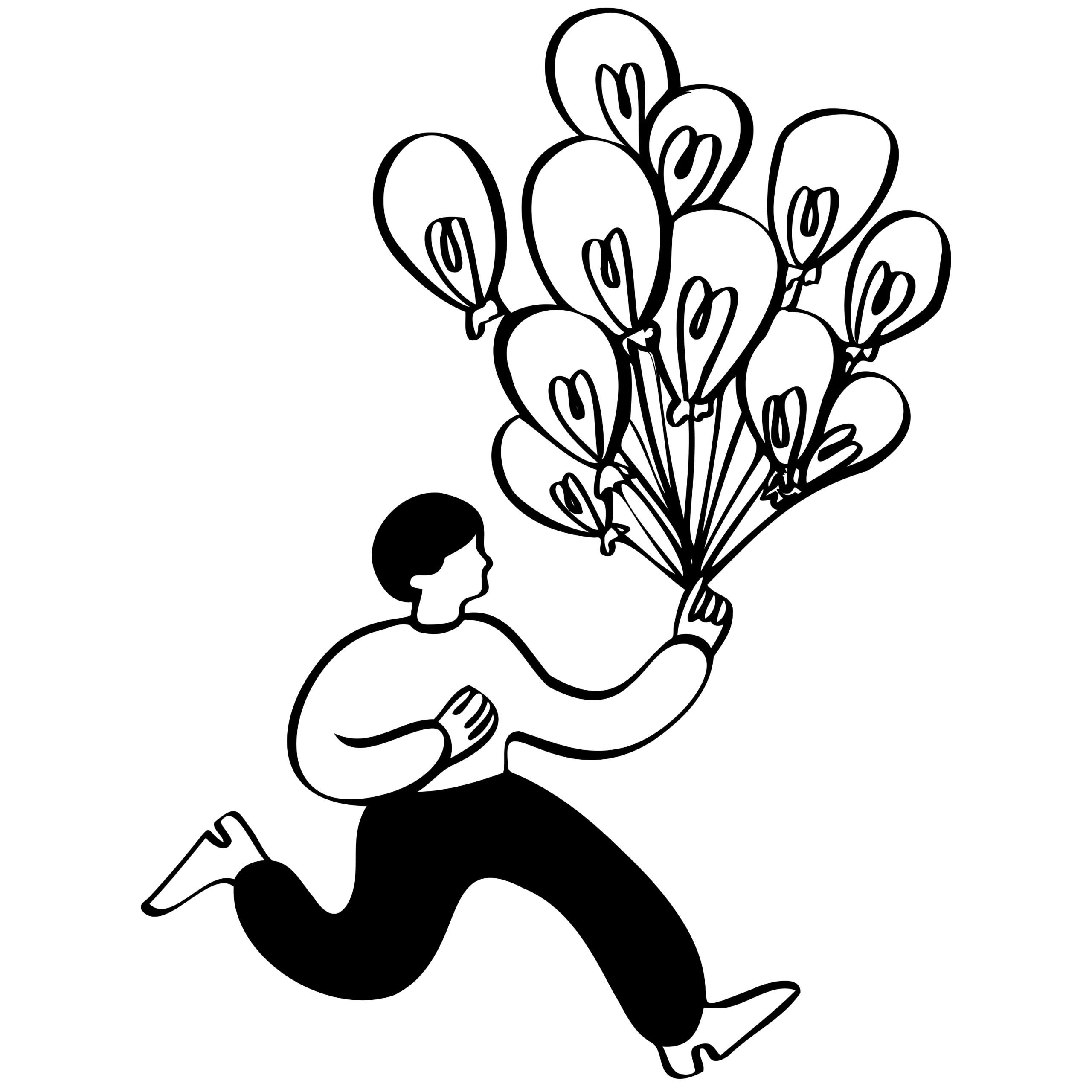 Man running, holding a bunch of balloons, symbolizing ideas.