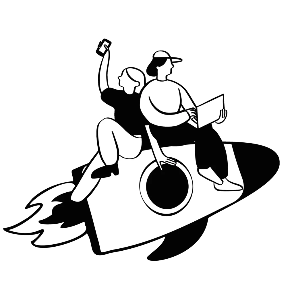 Illustration of two people riding a rocket