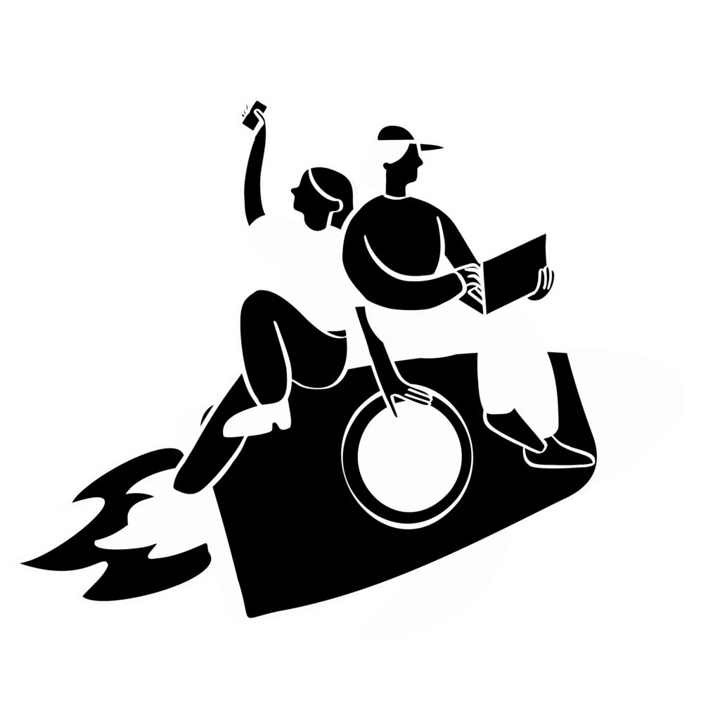 Illustration of two people riding a rocket