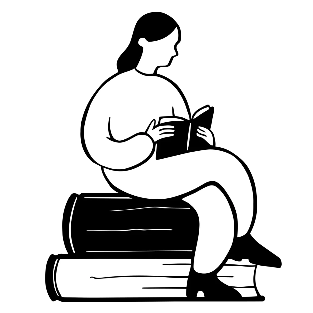 Woman reading a book sitting on a stack of books