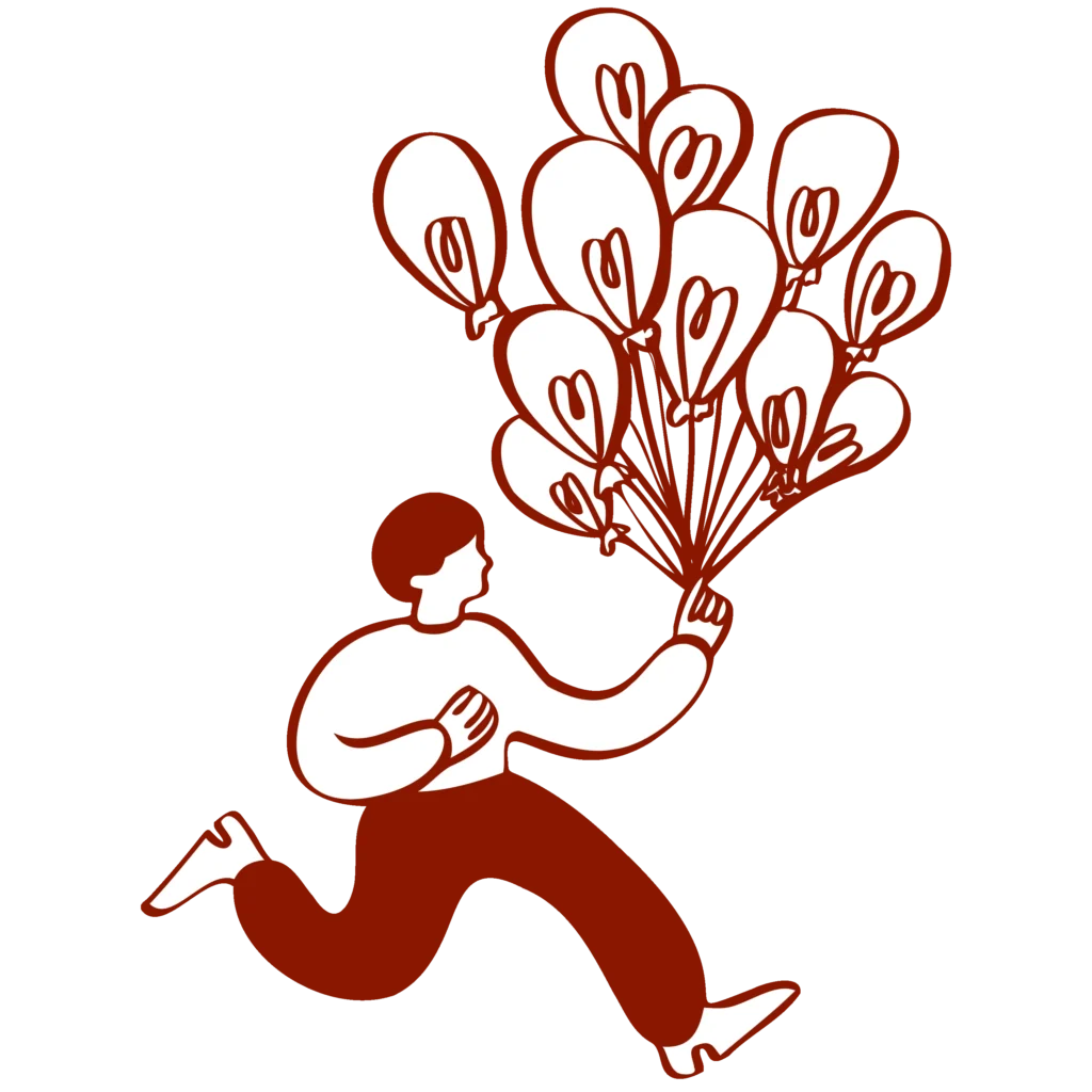 Man running, holding a bunch of balloons, symbolizing ideas.