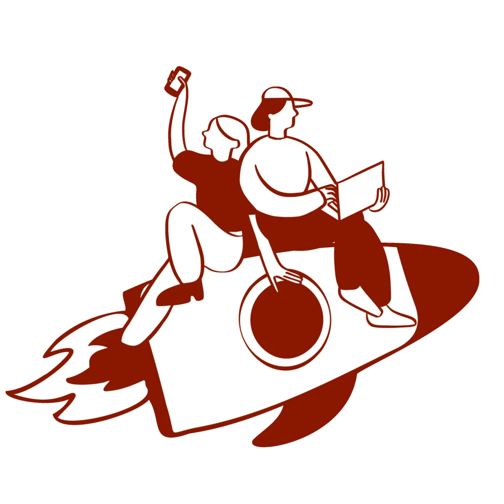 Illustration of two people riding a rocket